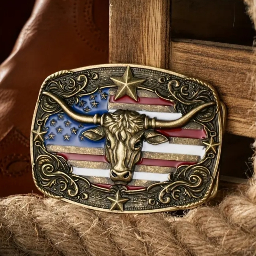 Longhorn bull rodeo American Flag western Belt Buckle Silver Or Gold